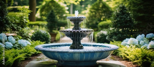 A stone water fountain designed to resemble an antique is featured in a garden filled with colorful flowers. The fountain is flowing with blue water, creating a peaceful ambiance.