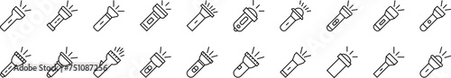 Collection of thin signs of flashlight. Editable stroke. Simple linear illustration for stores, shops, banners, design