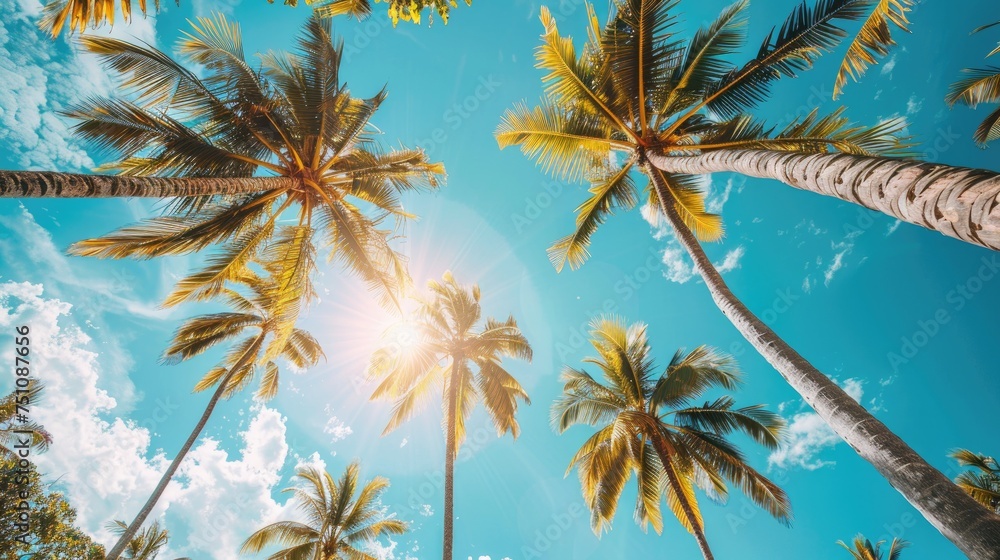 Bright sunlight illuminating the tops of giant coconut palms. Summer concept.