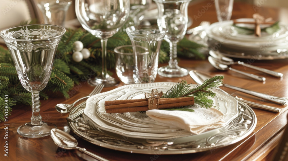 A table set for a holiday feast complete with elegant silverware polished glasses and a centerpiece of freshly evergreens and fragrant cinnamon sticks. A table set for a holiday feast complete with elegant silverware polished glasses and a centerpiece of freshly evergreens and fragrant cinnamon sticks.