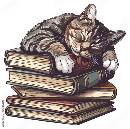 Sleepy cat laying on books