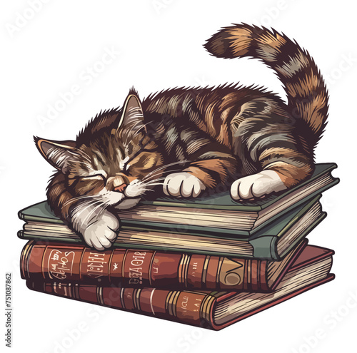 Sleepy cat laying on books