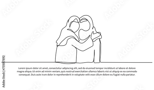 Vector illustration of muslim women hugging each other. Modern flat in continuous line style.
