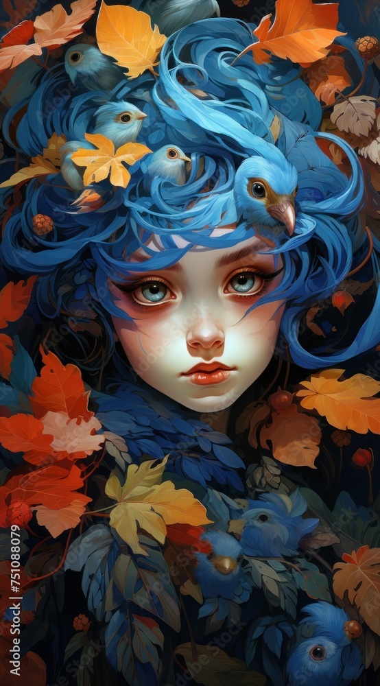 Une illustration colorée d'une jeune fille entourée par des feuilles et des oiseaux dans les cheveux. Une illustration colorée d'une jeune fille entourée par des feuilles et des oiseaux dans les cheveux.