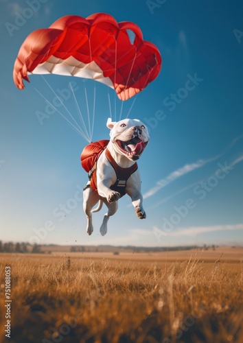 Un adorable chien de race dogue argentin sautant en parachute, image avec espace pour texte. photo
