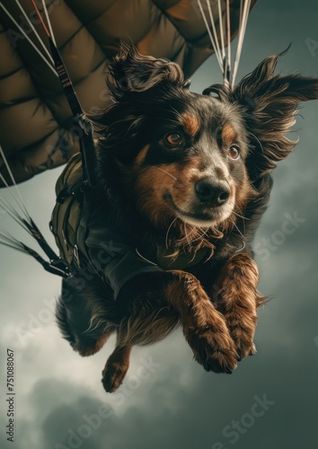 Un adorable chien de race border collie sautant en parachute.