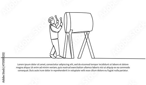 Vector illustration of Muslim boy beating a drum. Modern flat in continuous line style.
