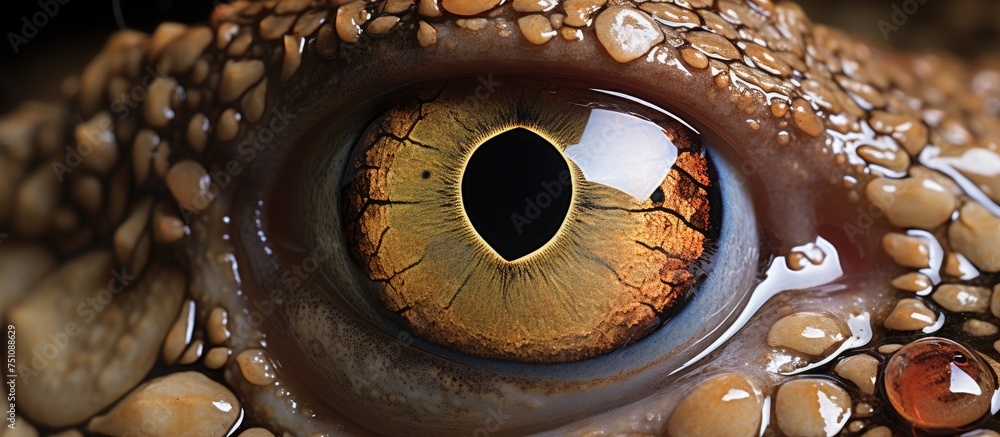 A detailed view showcasing the intricate patterns and textures of a lizards eye, highlighting its unique features and capabilities. The eye appears to be alert and focused, exemplifying the animals