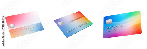 A vibrant 3D icon set of financial cards featuring a transparent background, ideal for digital banking and shopping applications.