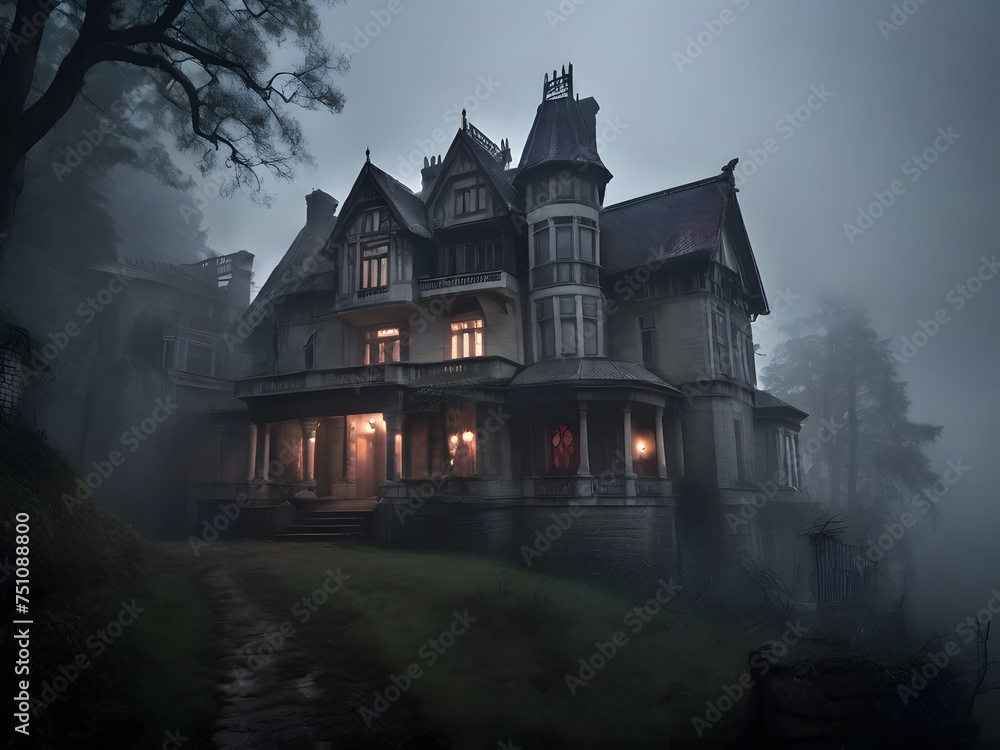 mansion on a foggy hill, with ghostly apparitions mansion on a foggy hill, with ghostly apparitions