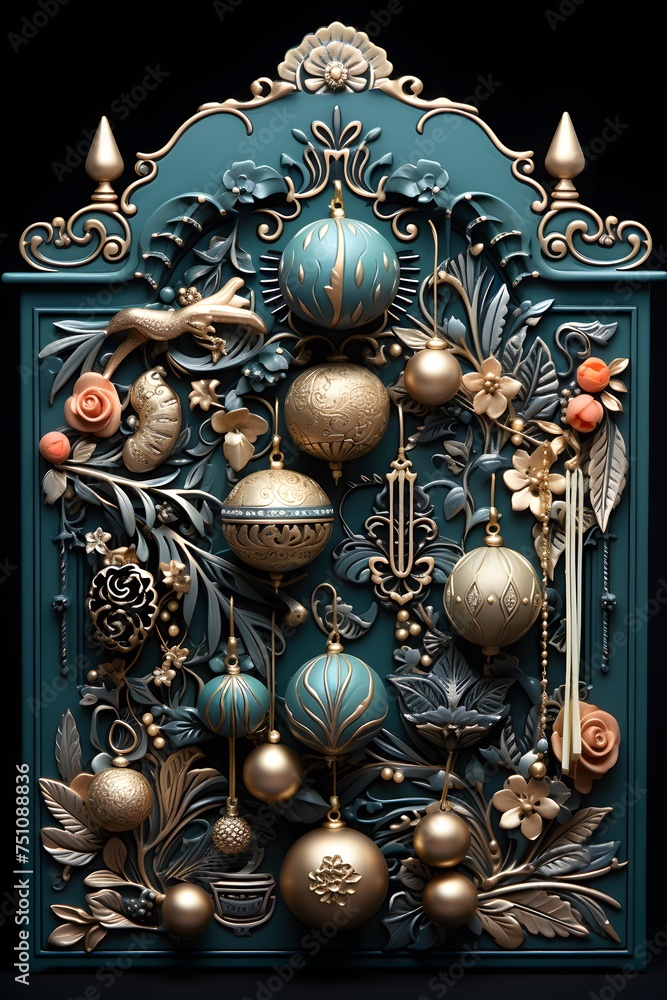 Wooden door decorated with christmas ornaments on black background