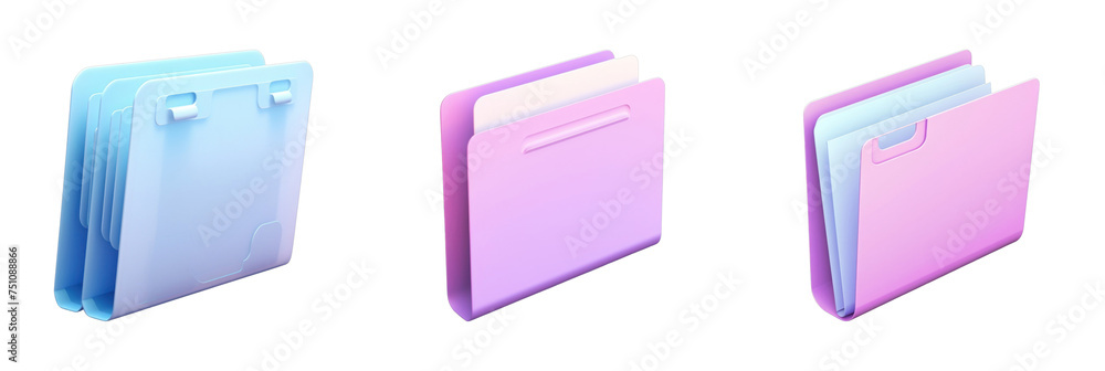 A sleek 3D icon set of colorful folders on a transparent background, ideal for organization and office applications. A sleek 3D icon set of colorful folders on a transparent background, ideal for organization and office applications.