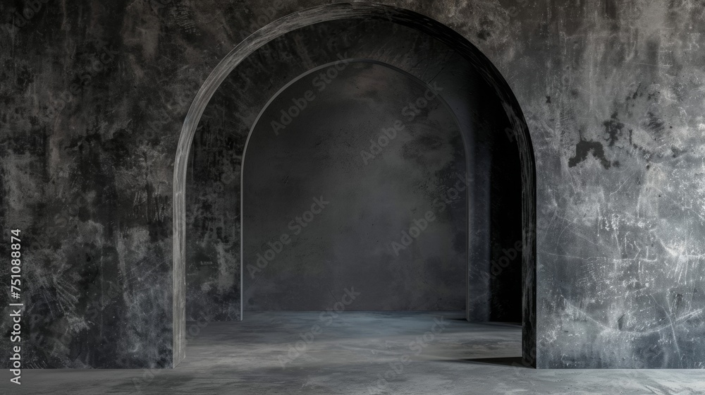 an empty, black stone room, with an archway, in the style of minimalistic composition, densely textured or haptic surface, plaster - obrazy, fototapety, plakaty 