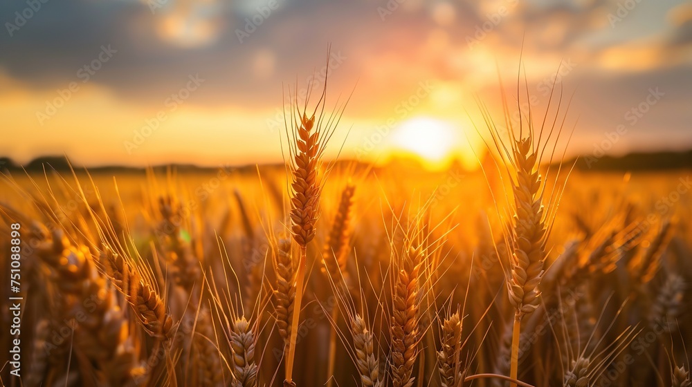 At sunset, fields of golden yellow, ripe wheat.