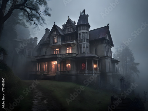 mansion on a foggy hill, with ghostly apparitions
