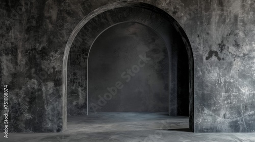 an empty, black stone room, with an archway, in the style of minimalistic composition, densely textured or haptic surface, plaster photo