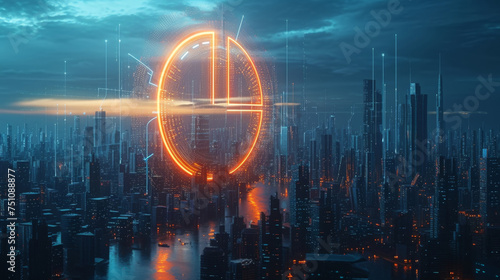 A holographic pie chart hovering above a futuristic cityscape. The chart is divided into five slices each representing a different component of credit score breakdown. The photo