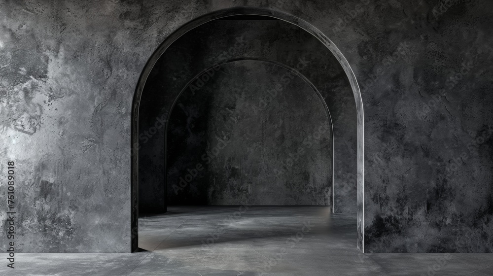 an empty, black stone room, with an archway, in the style of minimalistic composition, densely textured or haptic surface, plaster an empty, black stone room, with an archway, in the style of minimalistic composition, densely textured or haptic surface, plaster