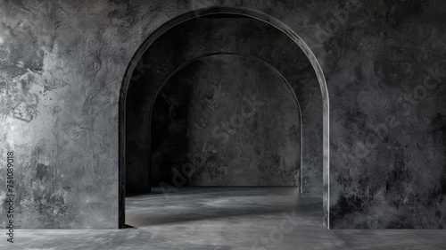 an empty, black stone room, with an archway, in the style of minimalistic composition, densely textured or haptic surface, plaster