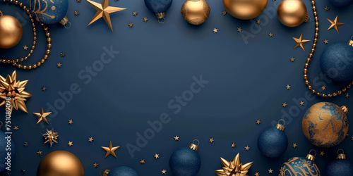 a christmas ornaments background with blue and gold star ,glass balls decorations on a dark blue background, banner, empty space for text