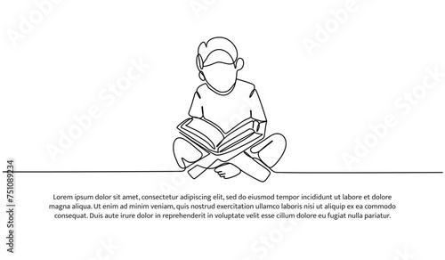 Vector illustration of of a little boy reading the Al-Qur'an. Modern flat in continuous line style.