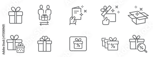Gift box, present, discount offer line icon set isolated on transparent background. Price tag, gift card, search sale signs. Vector Illustration.