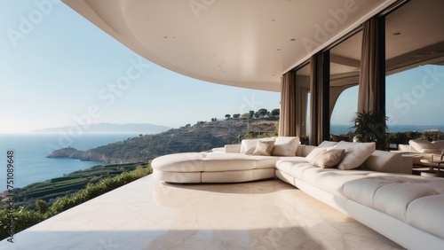Describe the breathtaking view as you approach the modern villa, surrounded by lush Italian landscapes and the glittering Mediterranean in the distance © Damian Sobczyk