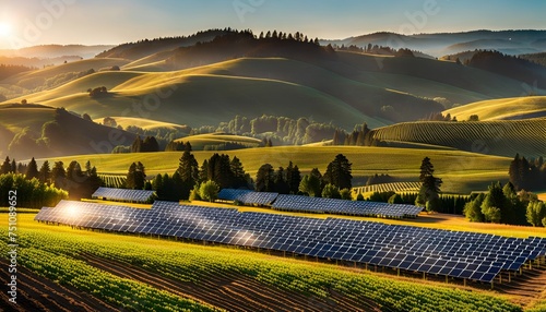 Rows of solar panels in the fields in beautiful hilly and foggy Pacific Northwest wine country. 
