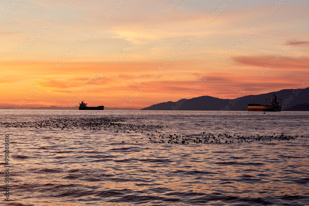 Cargo ships and swarms of birds swimming in the sea at dusk in front of the mountains.