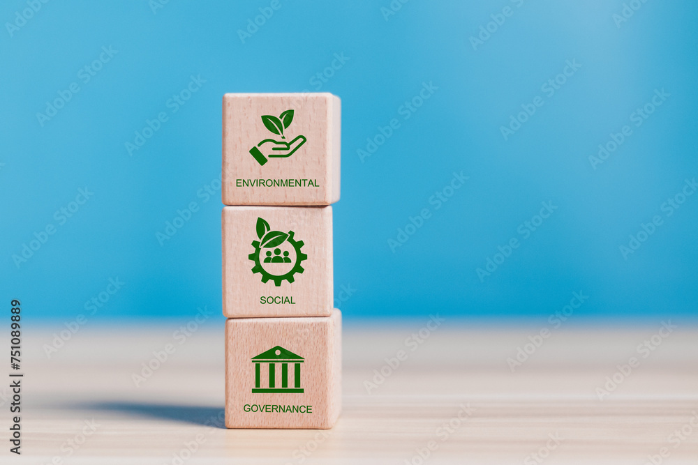 ESG environmental, social and governance. Wood block with ESG icons for world sustainable environment concept. ESG environmental, social and governance. Wood block with ESG icons for world sustainable environment concept.