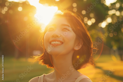 Happy asian woman relaxing and enjoying the sun in a park at sunset