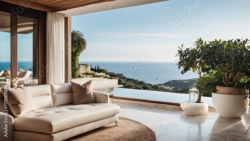 Describe the breathtaking view as you approach the modern villa  surrounded by lush Italian landscapes and the glittering Mediterranean in the distance