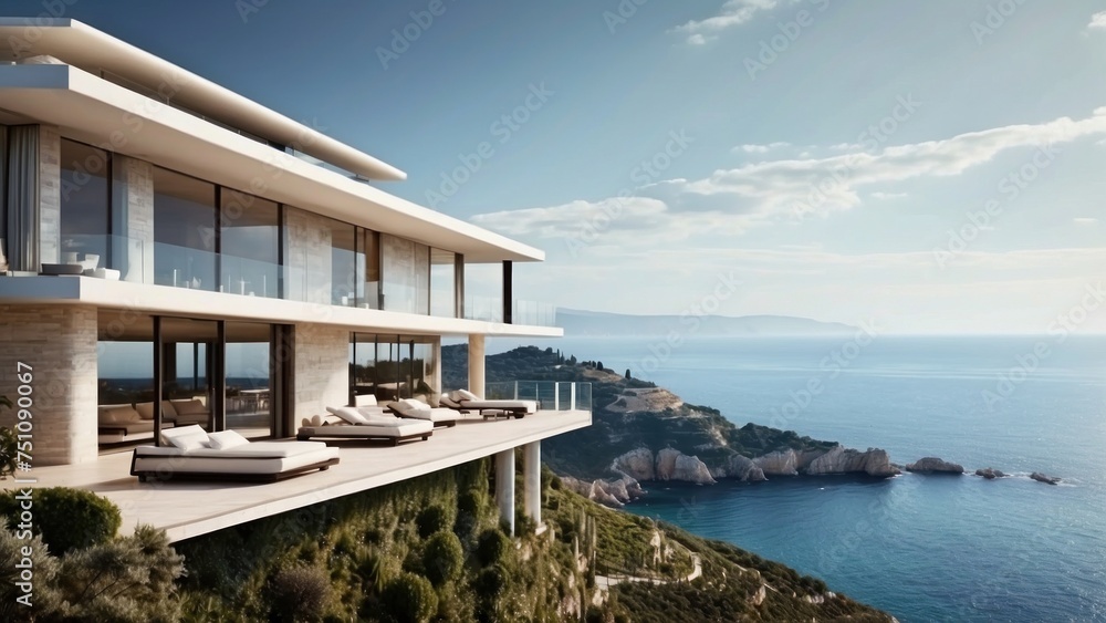 Describe the breathtaking view as you approach the modern villa, surrounded by lush Italian landscapes and the glittering Mediterranean in the distance