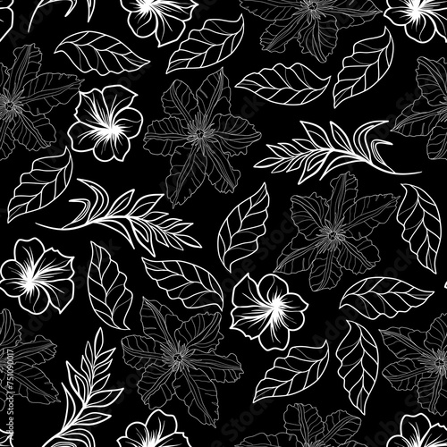 Seamless floral pattern with clematis flowers, plumeria and leaves vector illustration 