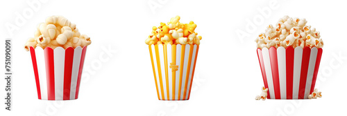 A vibrant 3D icon set of popcorn buckets, perfect for movie night snacks and entertainment-themed designs.