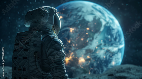 Spaceman Standing on the Moon with Earth in Background  Photo-Realistic Landscape  Space CollageSpaceman Standing on the Moon with Earth in Background  Photo-Realistic Landscape  Space Collage