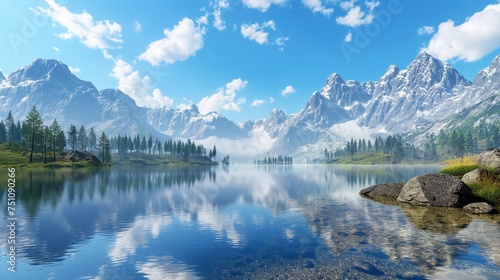 A secluded mountain lake mirroring the towering peaks  all under a vast expanse of clear  blue sky.