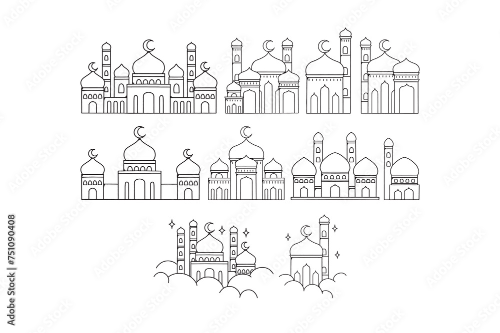 Doodle Line Mosque Illustration Set