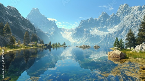 A secluded mountain lake mirroring the towering peaks, all under a vast expanse of clear, blue sky.