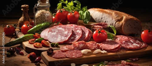 A wooden cutting board is displayed with an assortment of fresh meat, including Italian sausages, ham, and salami, alongside a variety of vibrant vegetables like tomatoes, bell peppers, and onions.