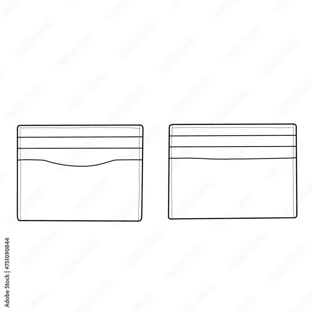 Wallet Features Drawing Sketch drawing of a card holder wallet with 6 pockets, front, and back ...