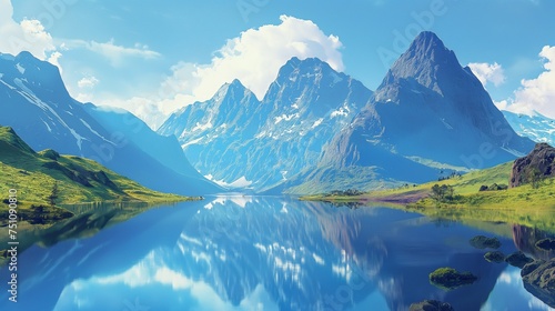 A secluded mountain lake mirroring the towering peaks, all under a vast expanse of clear, blue sky.