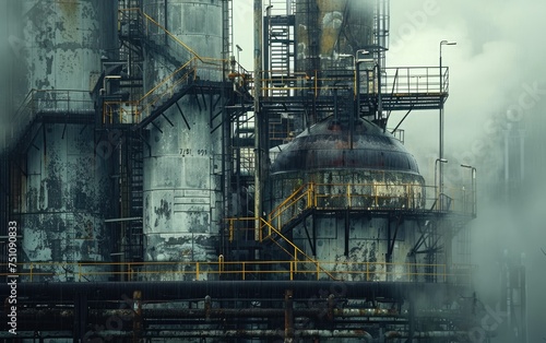 Industrial facility with pipes and tanks under a hazy sky, depicting pollution and manufacturing.
