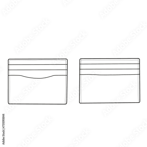 Sketch drawing of a card holder wallet with 6 pockets, front, and back view. Flat sketch vector. Outline vector doodle illustration
