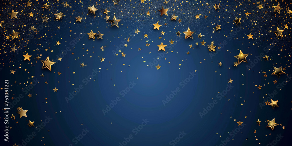 Fototapeta premium gold stars on blue background, new year festive, christmas banner. empty space for text