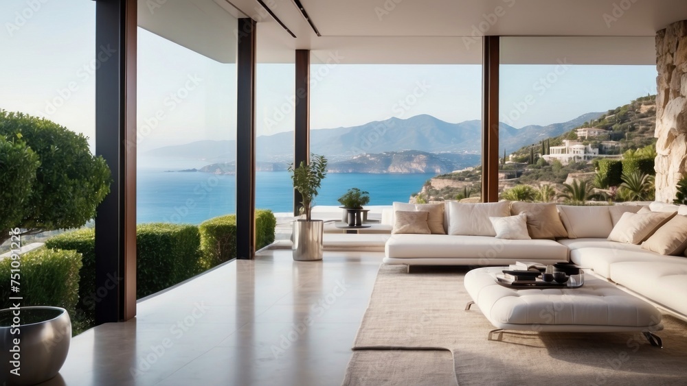 Fototapeta premium Describe the breathtaking view as you approach the modern villa, surrounded by lush Italian landscapes and the glittering Mediterranean in the distance