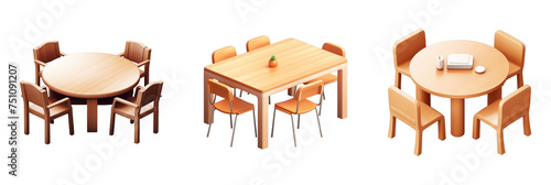 A 3D icon set featuring various wooden tables and chairs, ideal for showcasing dining or meeting spaces with a cozy atmosphere.