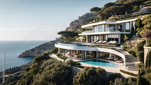 Describe the breathtaking view as you approach the modern villa, surrounded by lush Italian landscapes and the glittering Mediterranean in the distance