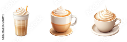 set of 3d vanilla latte icon isolated on transparent background