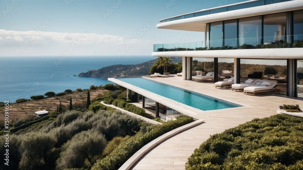 Describe the breathtaking view as you approach the modern villa, surrounded by lush Italian landscapes and the glittering Mediterranean in the distance